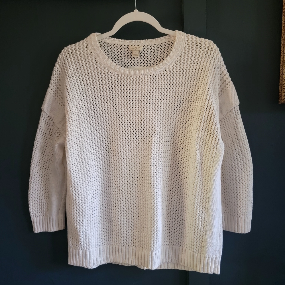 J. Crew 100% Cotton‎ Open Thick Knit Crochet Crew Neck Large Ivory Off-white